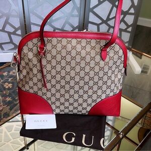 Authentic Gucci Beige and Red Monogram Shoulder Bag